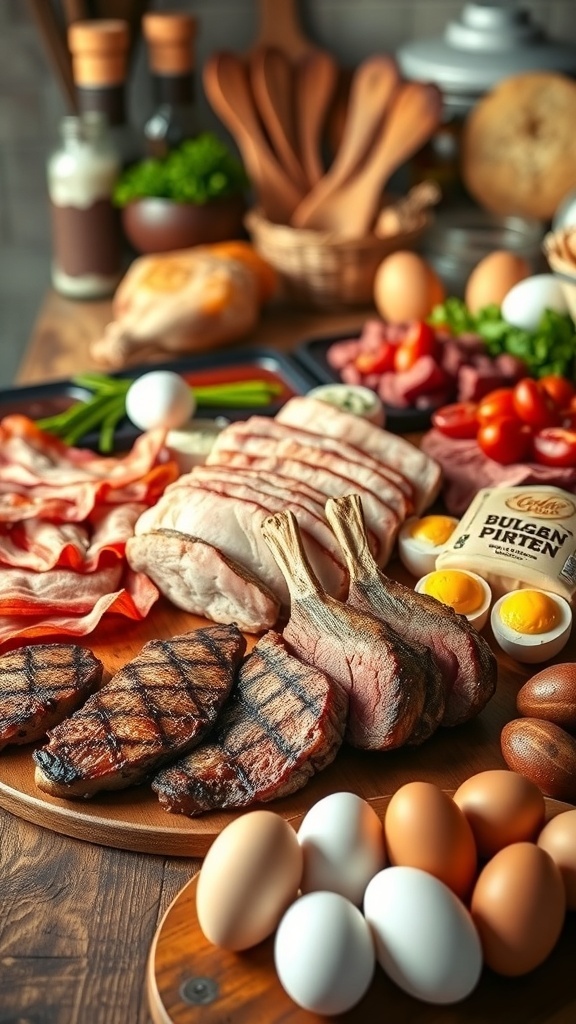 A variety of meats including steak, bacon, chicken, and eggs on a wooden table.